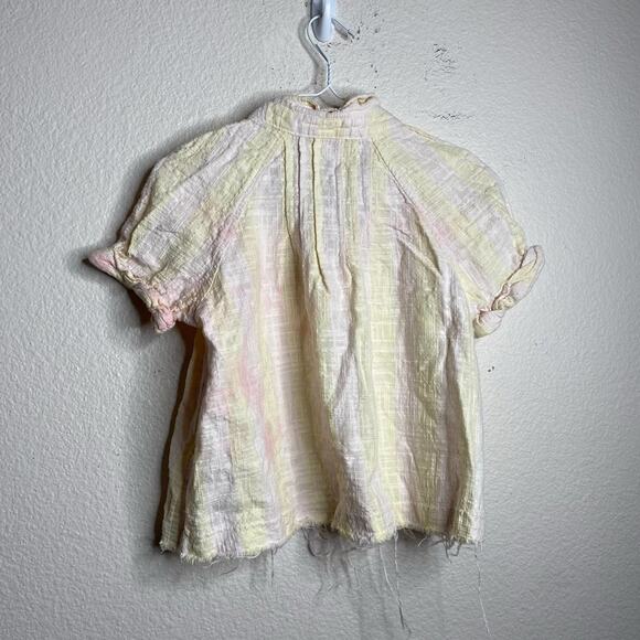 Free People Away At Sea Linen Frayed Button Yellow Short Sleeve Crop Top Small - Picture 11 of 13
